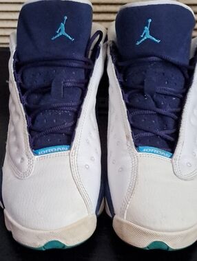 Jordan White and Navy Sneakers with Teal Jumpman